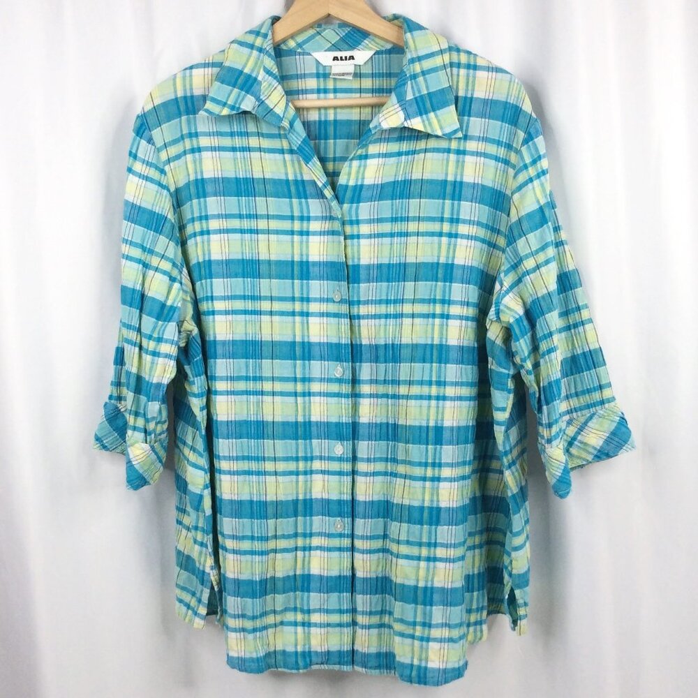 Alia Plaid Top Women's Plus‎ Size 18W Blue 3/4 Sleeve Button Down Cotton Blend